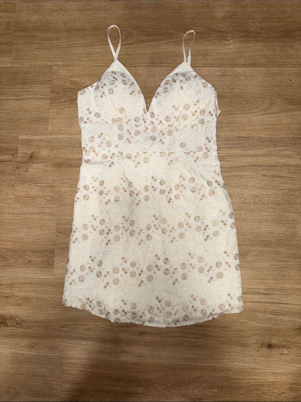 White Spaghetti Strap Mini Dress with Gold Floral Accents